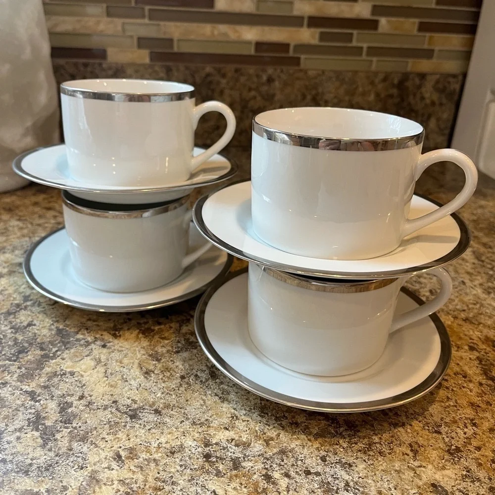 Pier 1 Monno Bangladesh Elegant White and Silver Tea Cups and Saucers Set of 4